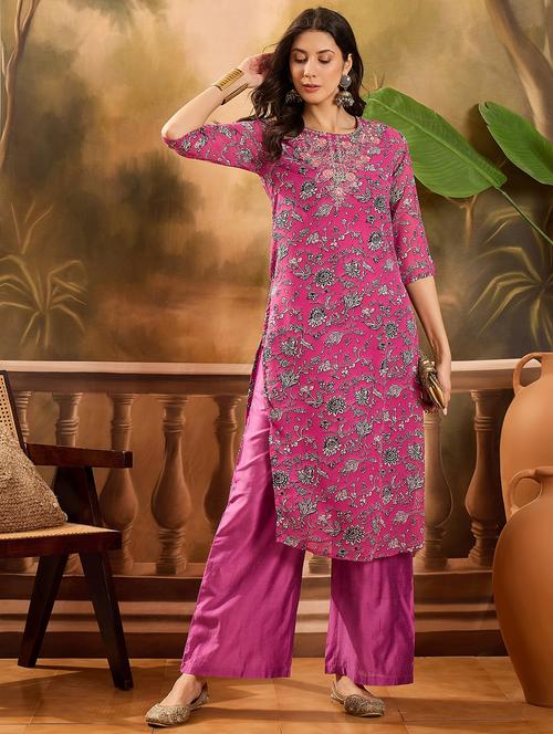 women floral printed three quarter sleeve kurta palazzo set - 22026291 - Standard Image - 0