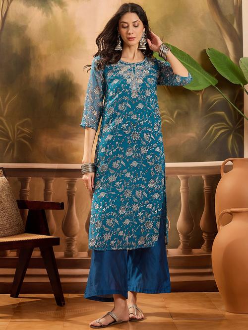 women floral printed three quarter sleeve kurta palazzo set - 22026292 - Standard Image - 0