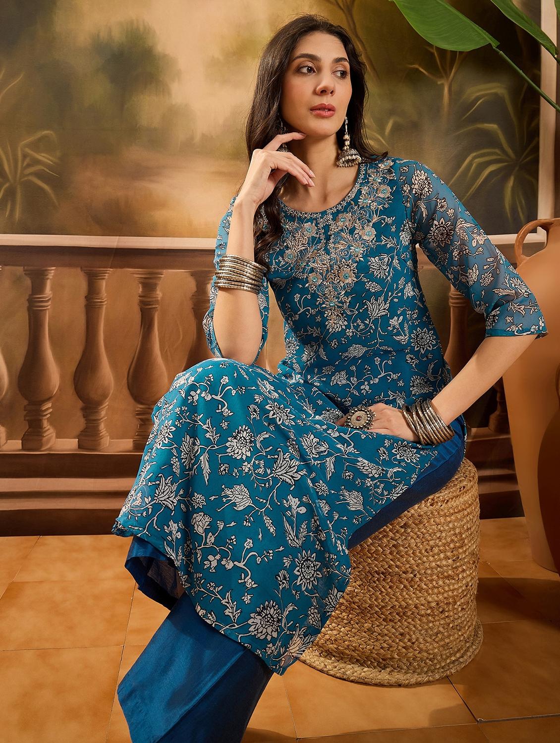 women floral printed three quarter sleeve kurta palazzo set - 22026292 - Standard Image - 3