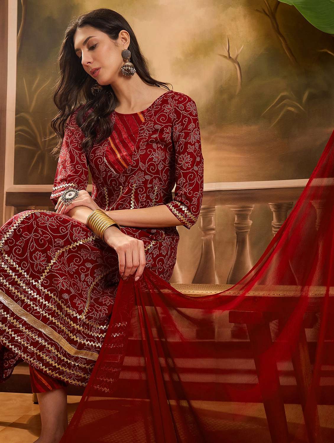 women printed three quarter sleeve kurta pant with dupatta set - 22026294 - Standard Image - 3