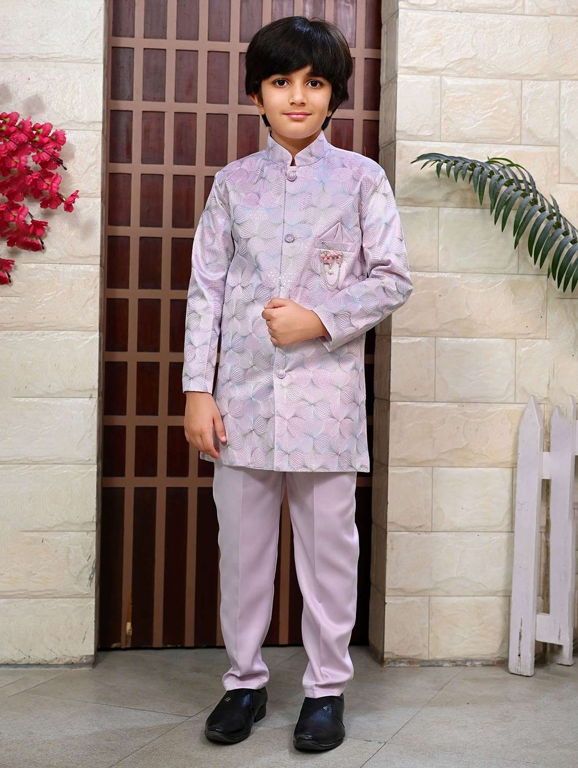 boys embroidered mandrain collar sherwani set - 22026299 -  Zoom Image - 0