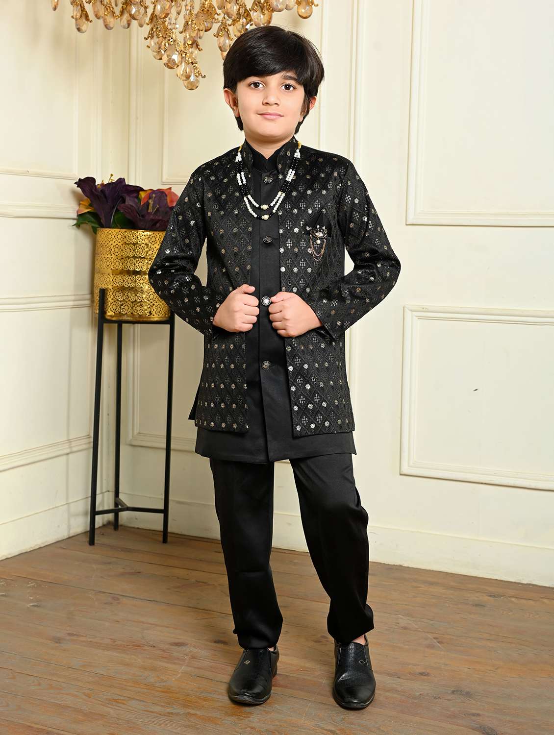 boys embroidered mandrain collar sherwani set - 22026301 - Zoom Image - 0