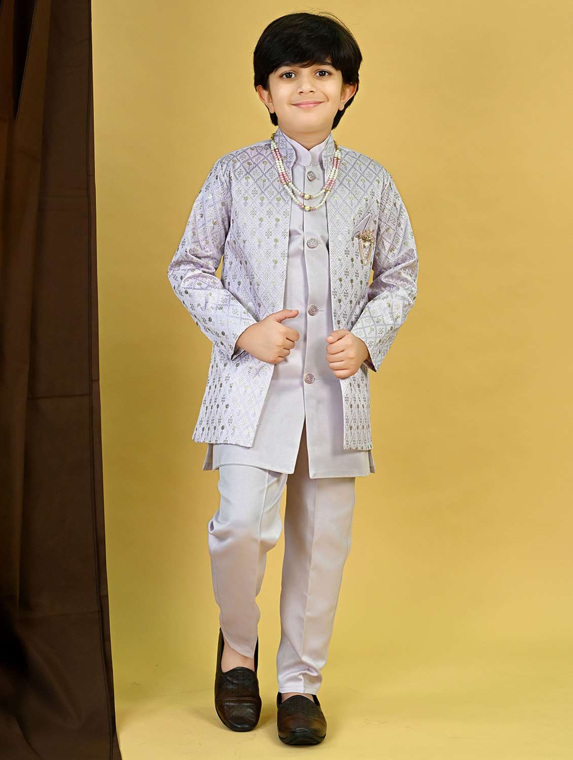 boys embroidered mandrain collar sherwani set - 22026302 -  Zoom Image - 0