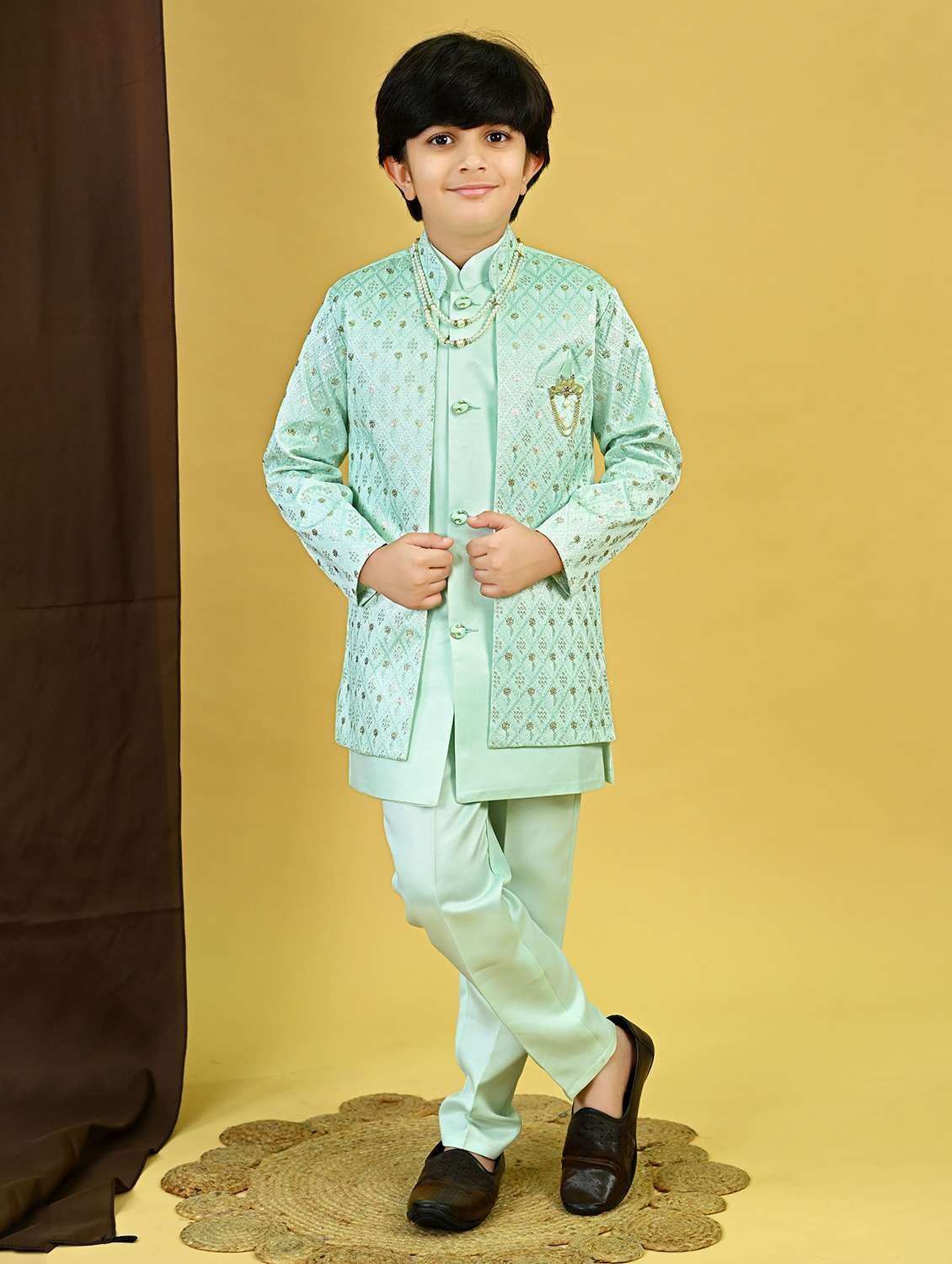 boys embroidered mandrain collar sherwani set - 22026303 - Zoom Image - 0