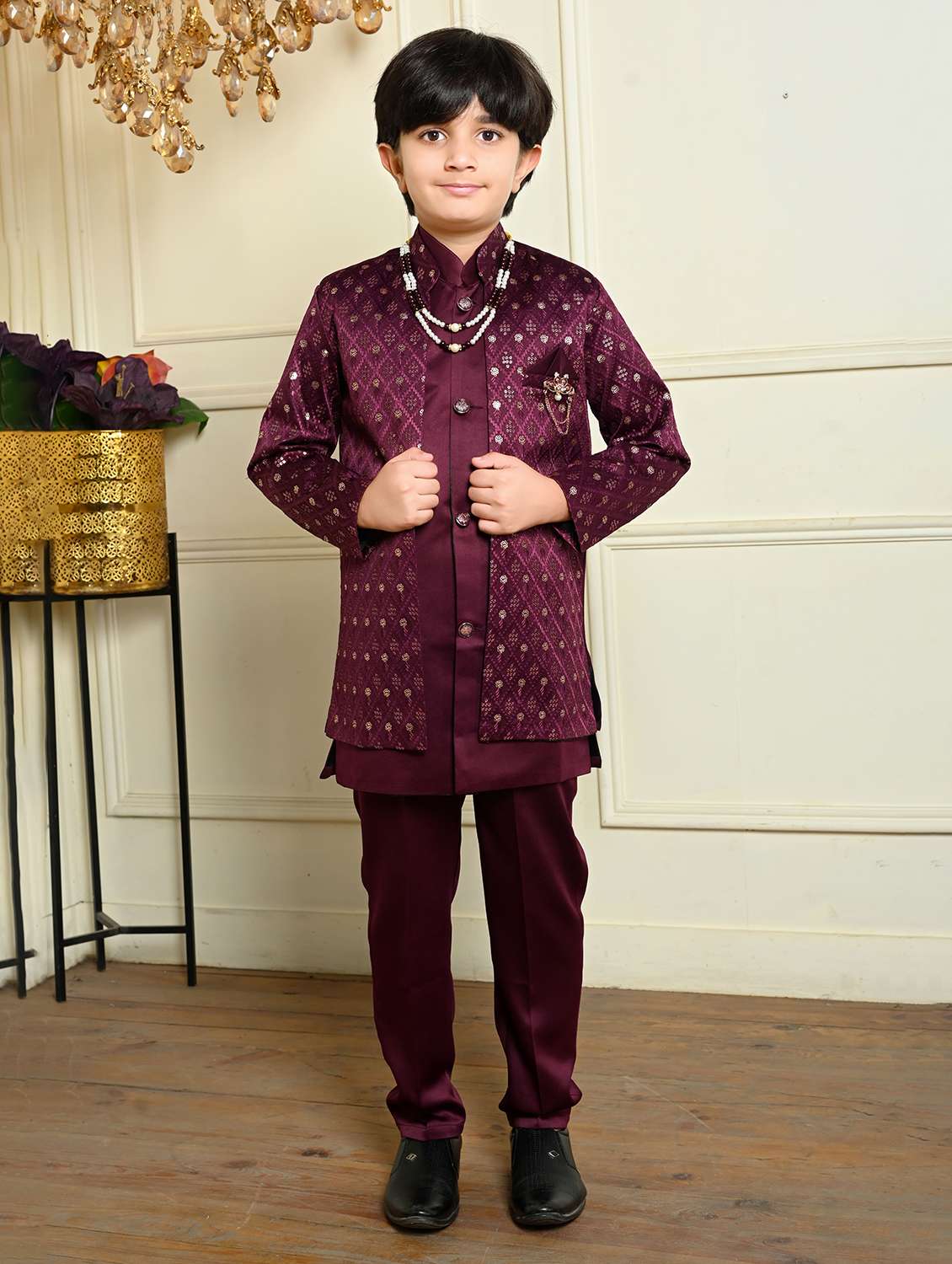 boys embroidered mandrain collar sherwani set - 22026304 - Zoom Image - 0
