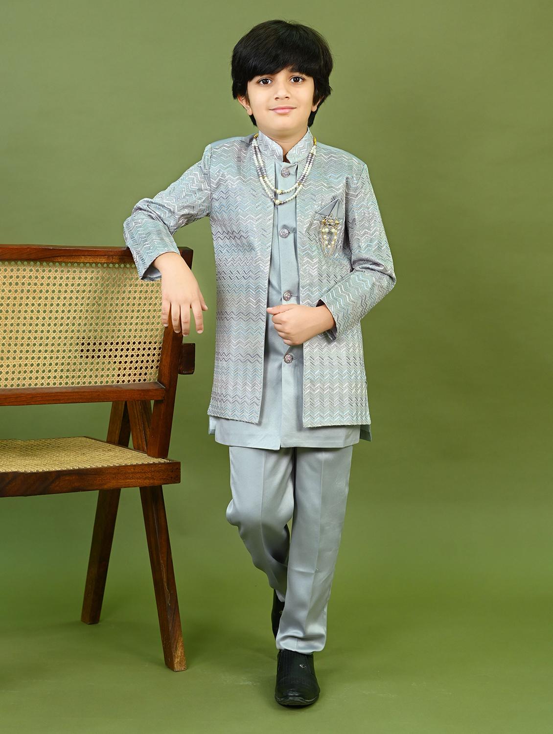 boys embroidered mandrain collar sherwani set - 22026305 - Zoom Image - 0