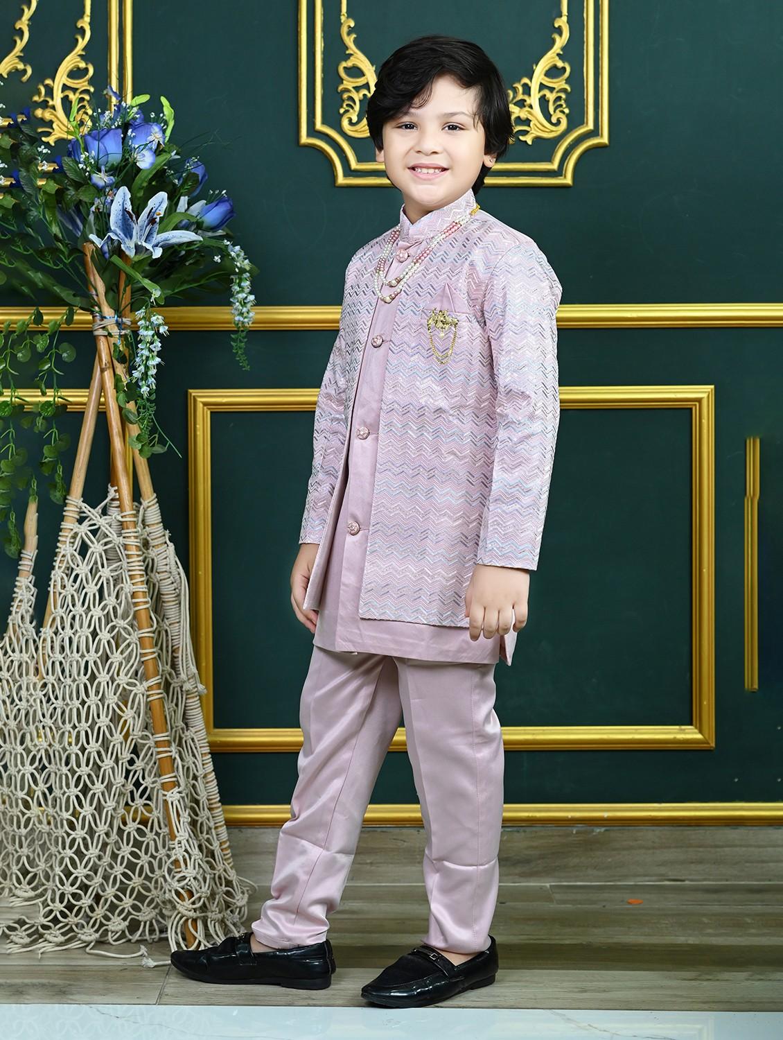 boys embroidered mandrain collar sherwani set - 22026306 - Zoom Image - 0