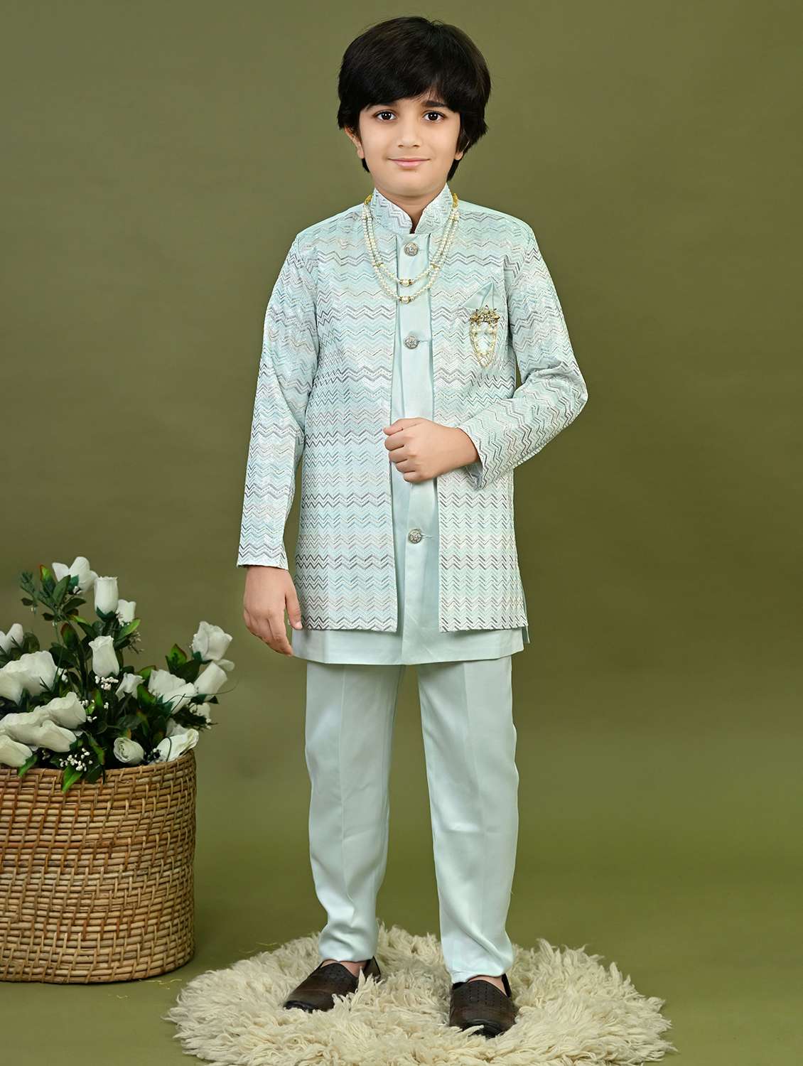 boys embroidered mandrain collar sherwani set - 22026307 - Zoom Image - 0