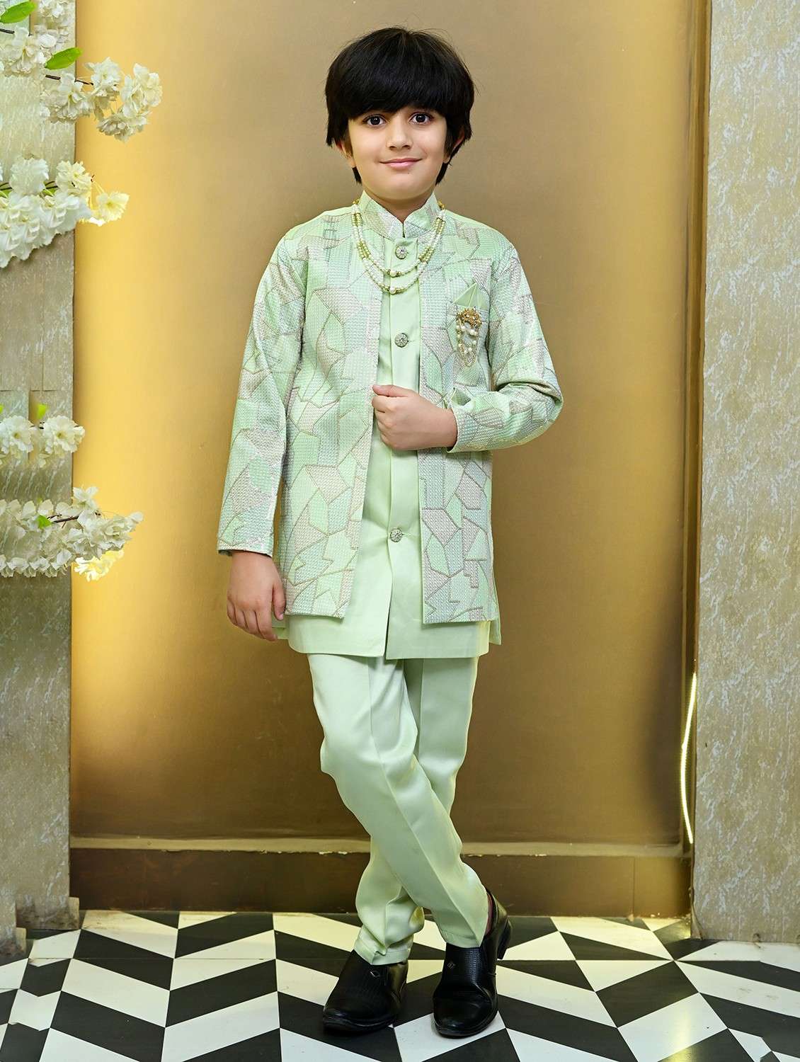 boys embroidered mandrain collar sherwani set - 22026309 - Zoom Image - 0