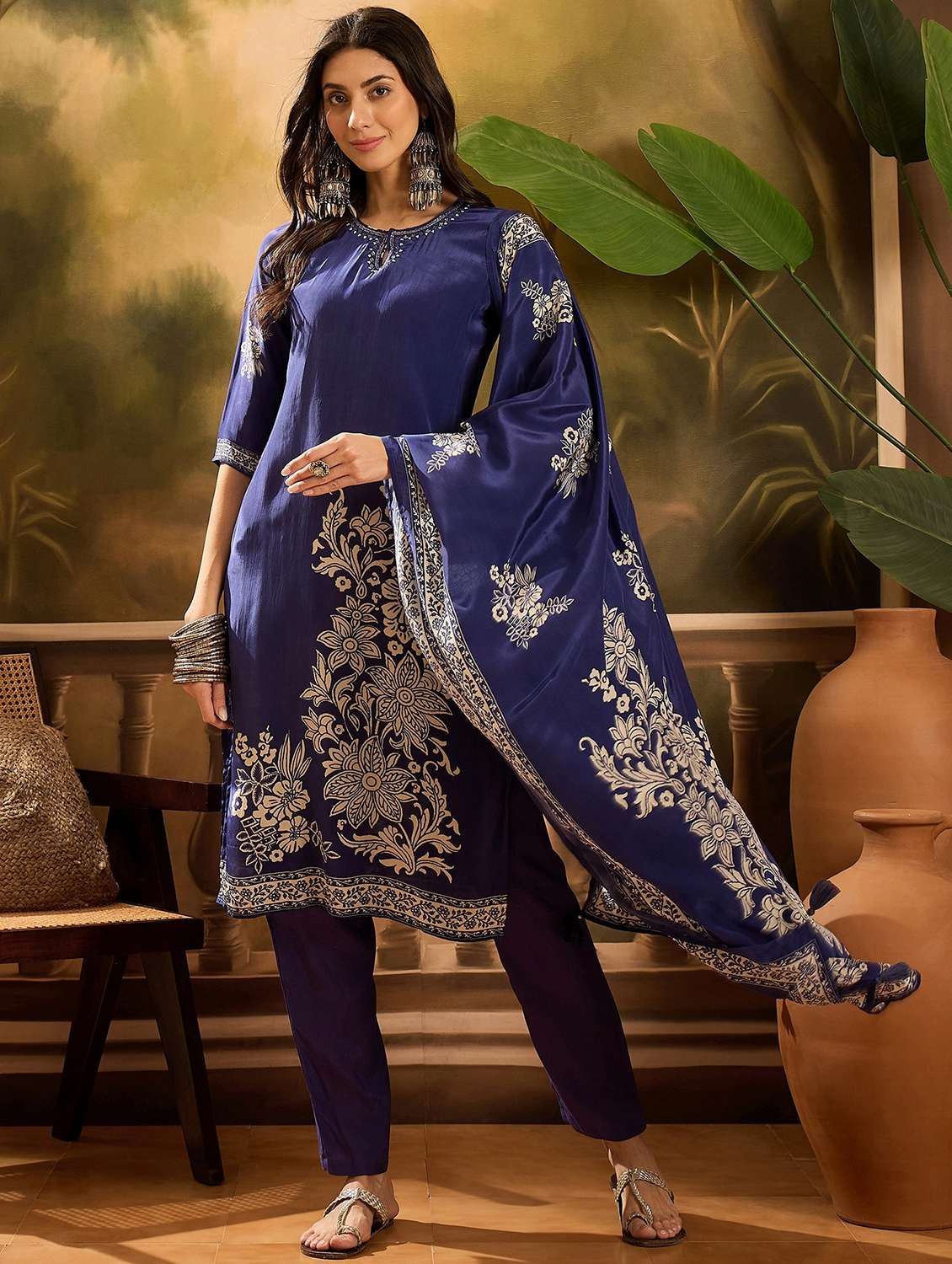 women floral printed three quarter sleeve kurta pant with dupatta set - 22026312 -  Zoom Image - 0