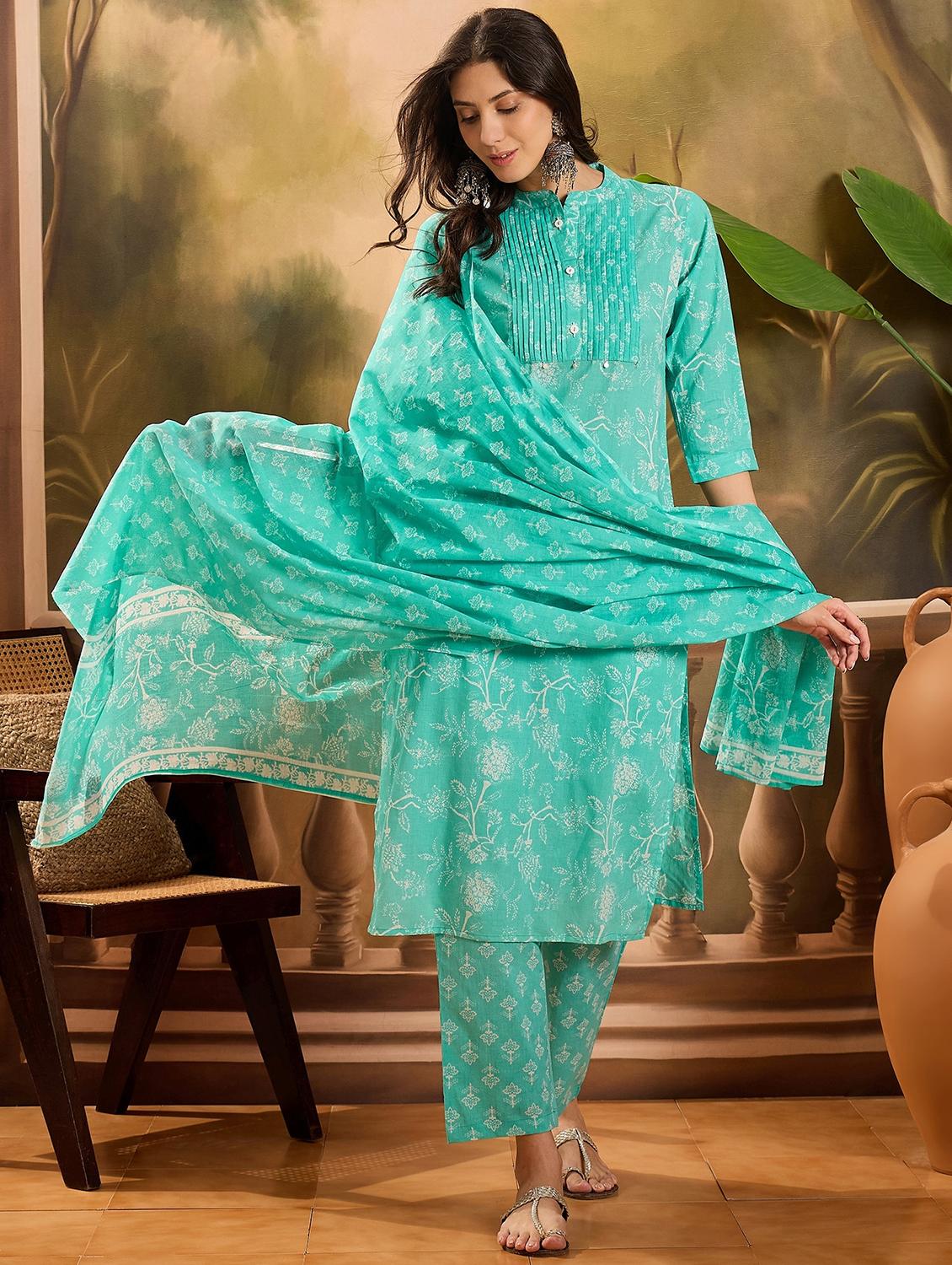 women printed three quarter sleeve kurta pant with dupatta set