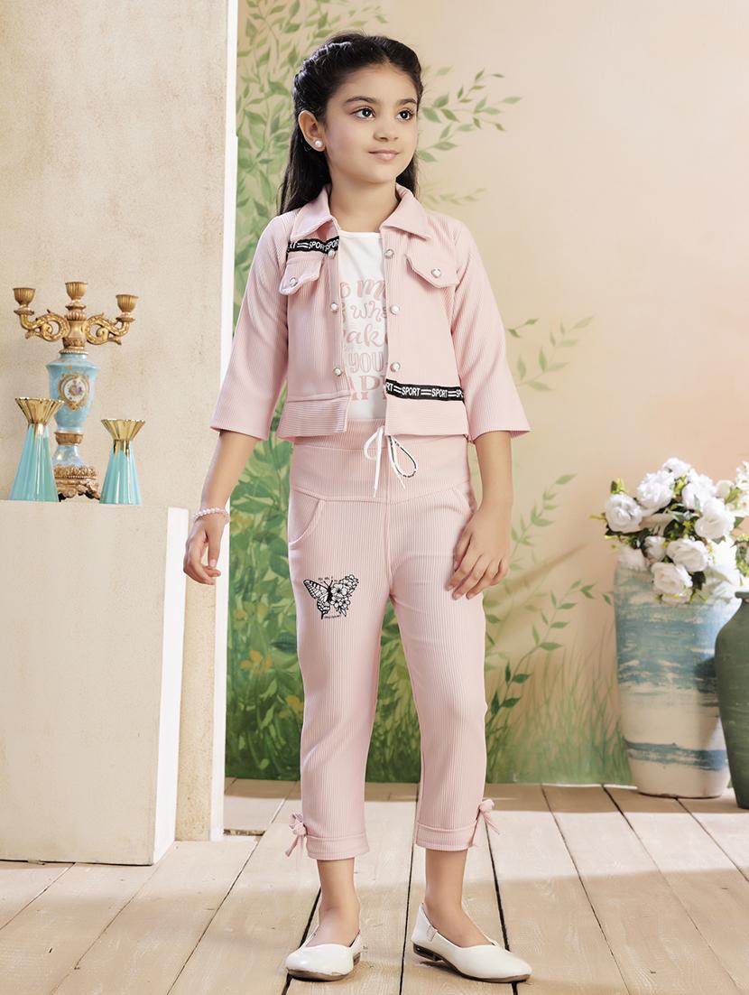 girls solid top & trouser co-ord set - 22026329 -  Zoom Image - 0