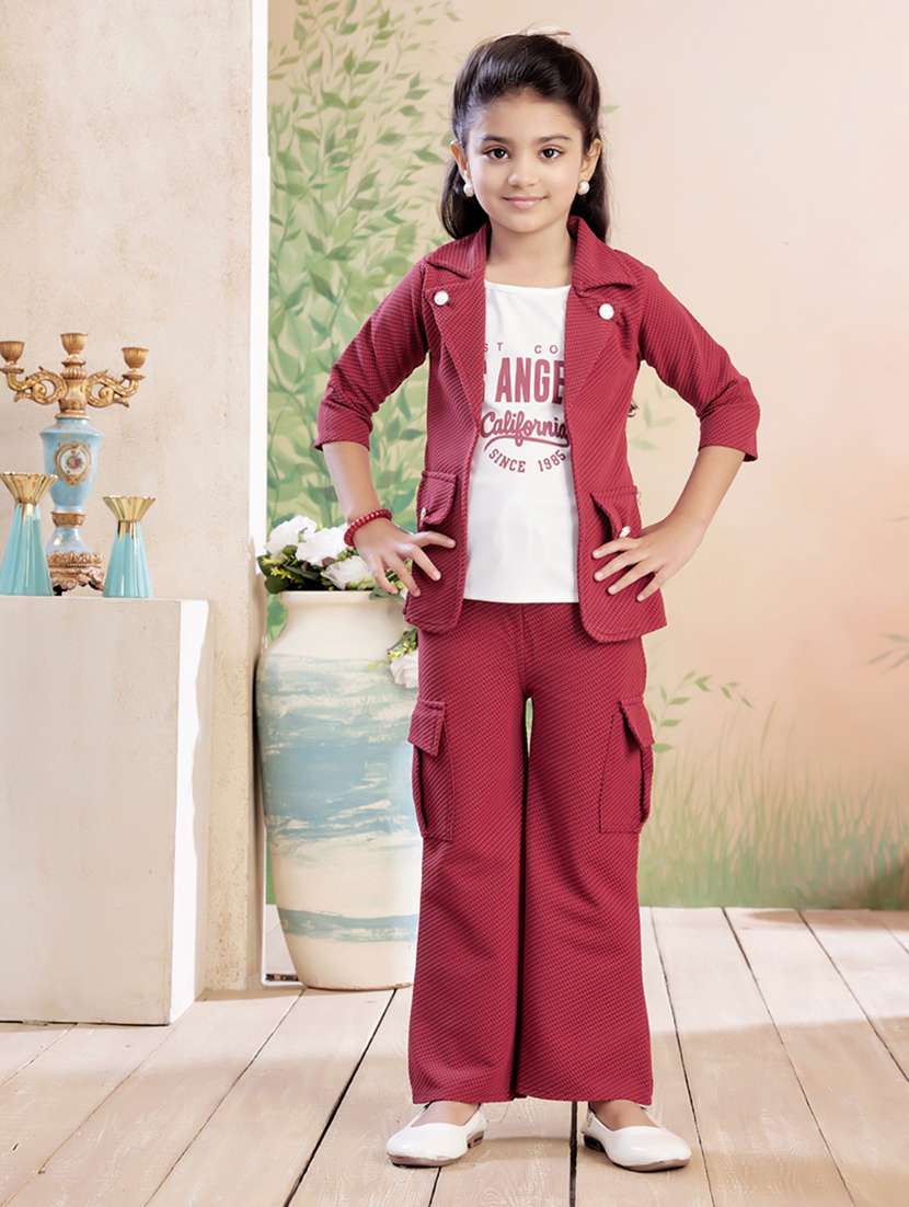 girls solid top & trouser co-ord set