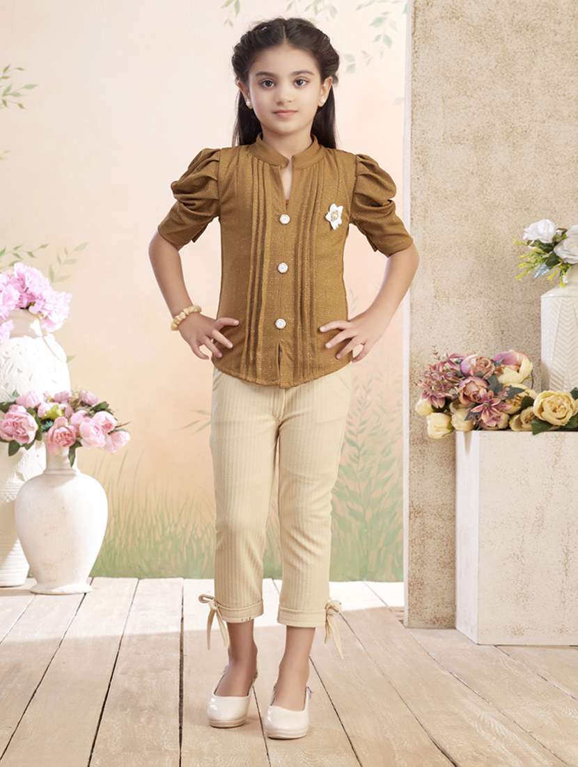 girls solid top & trouser co-ord set - 22026346 -  Zoom Image - 0