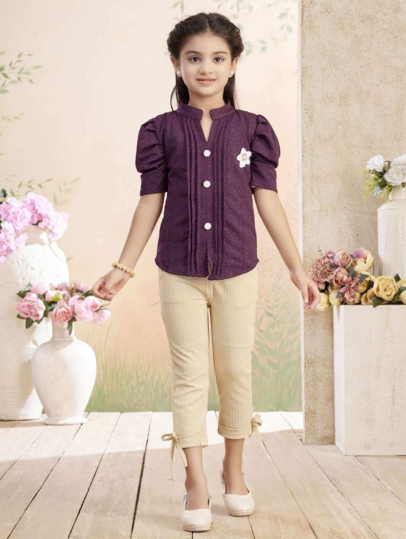 girls solid top & trouser co-ord set