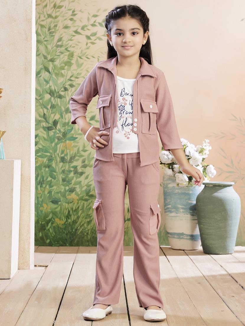 girls solid top & trouser co-ord set - 22026353 -  Zoom Image - 0