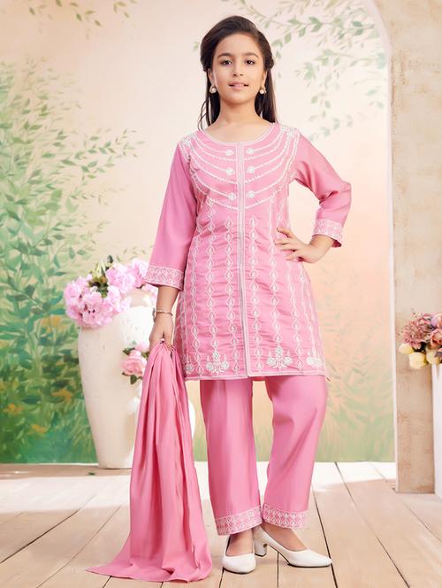 girls embroidered kurta pant set with dupatta - 22026363 -  Standard Image - 0