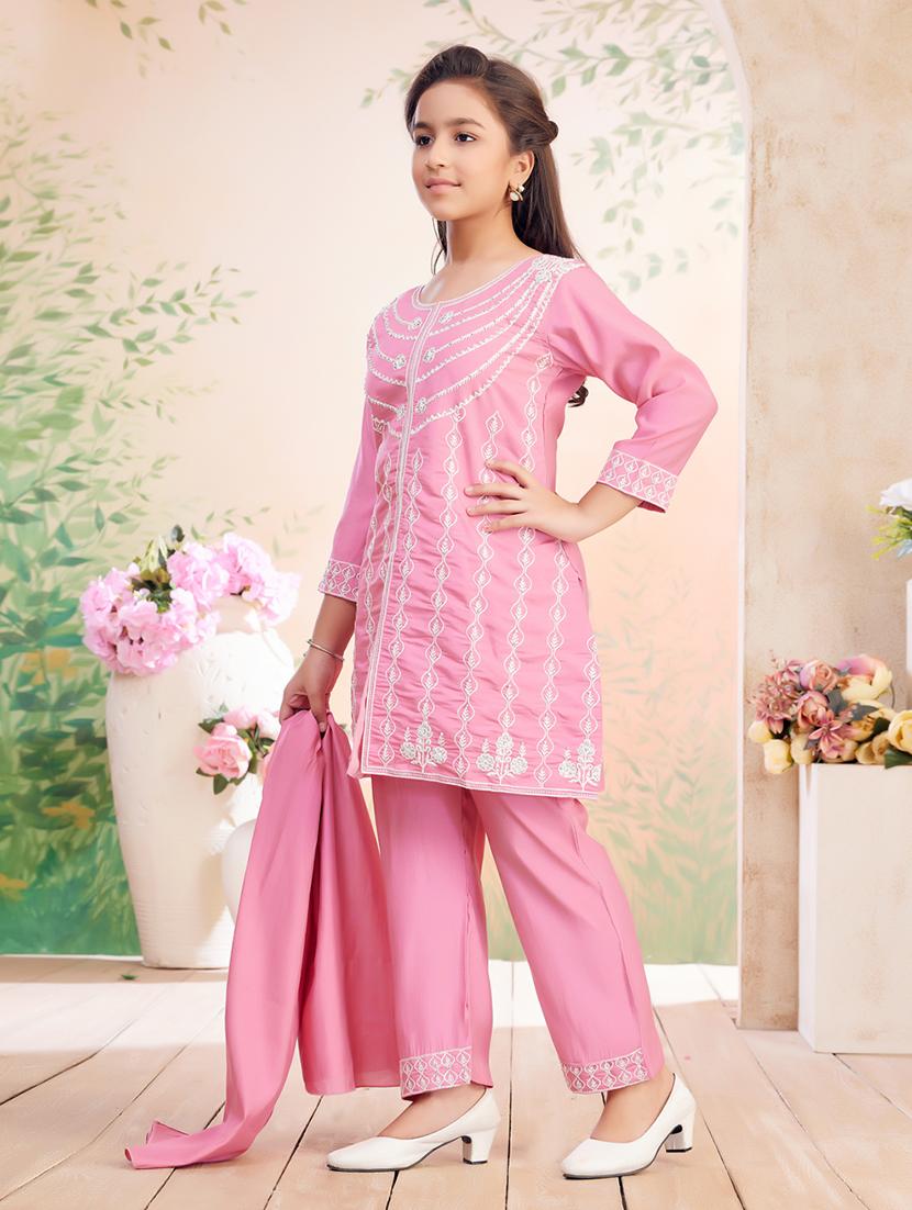 girls embroidered kurta pant set with dupatta - 22026363 - Standard Image - 3