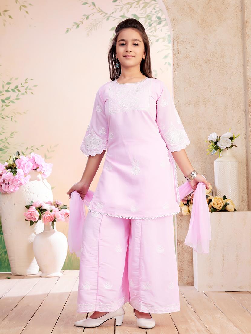 girls embroidered kurta palazzo set with dupatta
