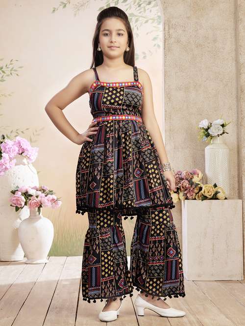girls printed shoulder strap kurta and sharara set - 22026369 -  Standard Image - 0