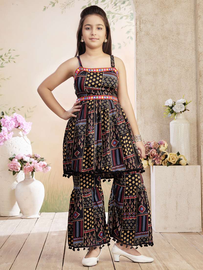 girls printed shoulder strap kurta and sharara set