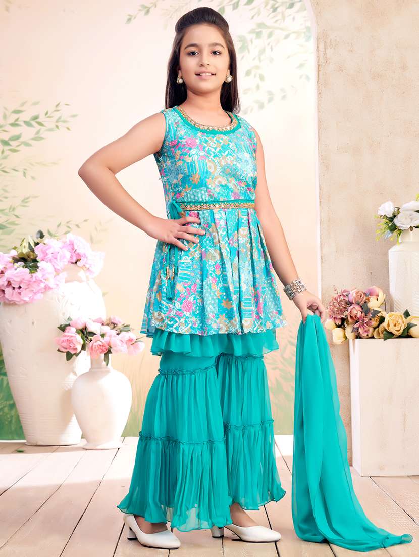girls printed sleeveless kurta sharara with dupatta set 