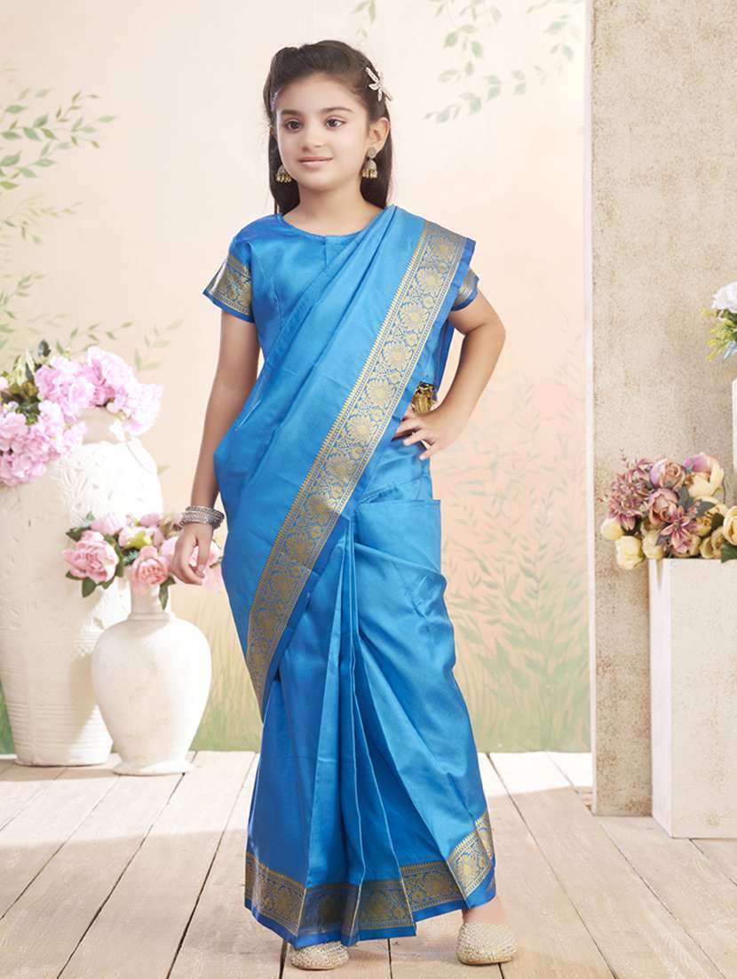 girls solid bordered ready to wear saree - 22026383 -  Zoom Image - 0