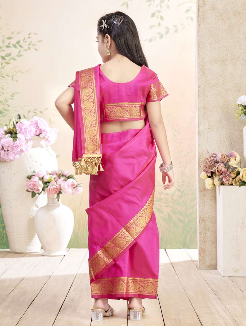 girls solid bordered ready to wear saree - 22026384 -  Standard Image - 3