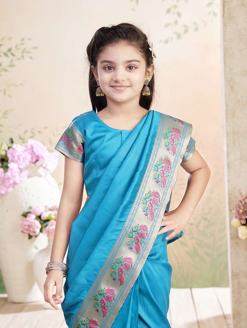 girls solid bordered ready to wear saree - 22026385 -  Standard Image - 3