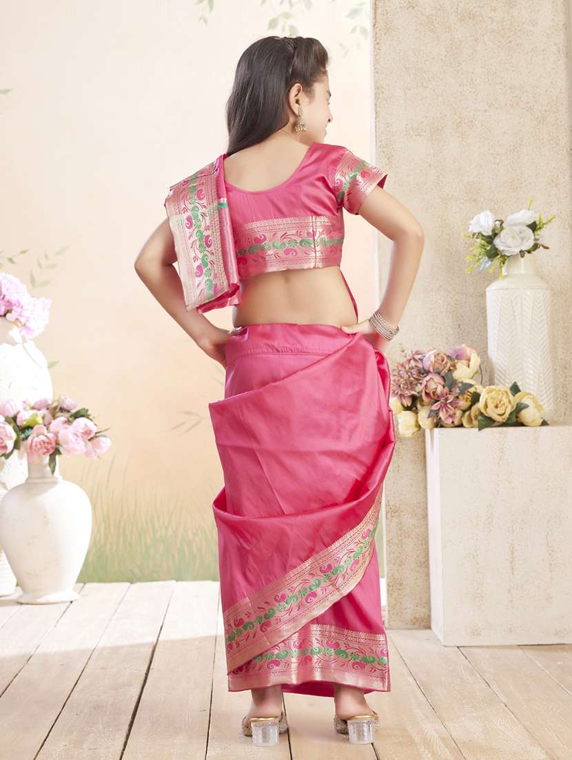 girls solid bordered ready to wear saree - 22026386 -  Standard Image - 3