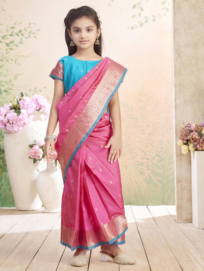 girls solid bordered ready to wear saree - 22026387 -  Zoom Image - 0