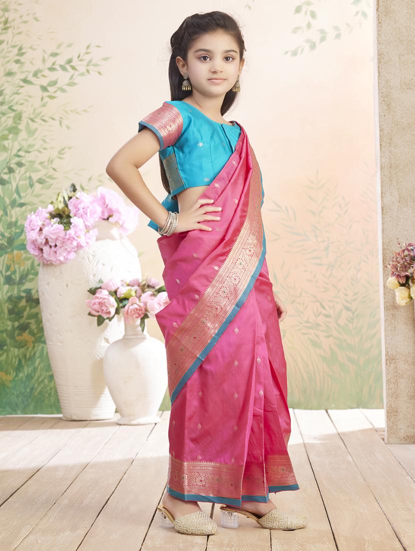 girls solid bordered ready to wear saree - 22026387 - Standard Image - 3
