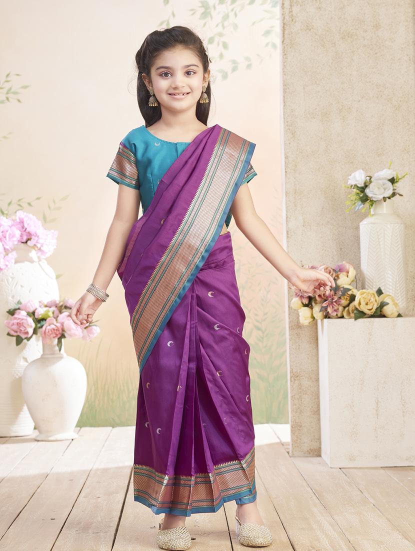 girls solid bordered ready to wear saree - 22026389 - Zoom Image - 0