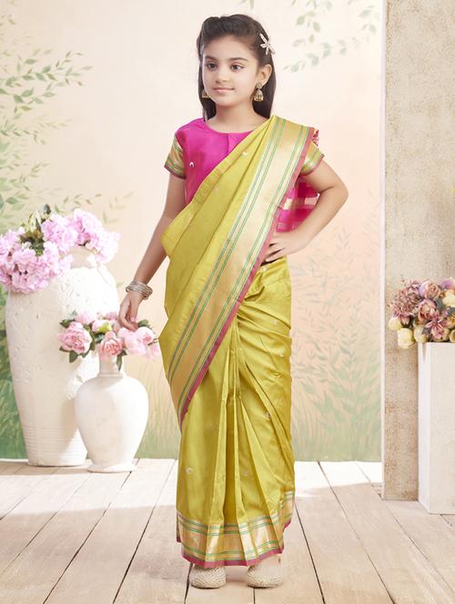 girls solid bordered ready to wear saree - 22026390 - Standard Image - 0