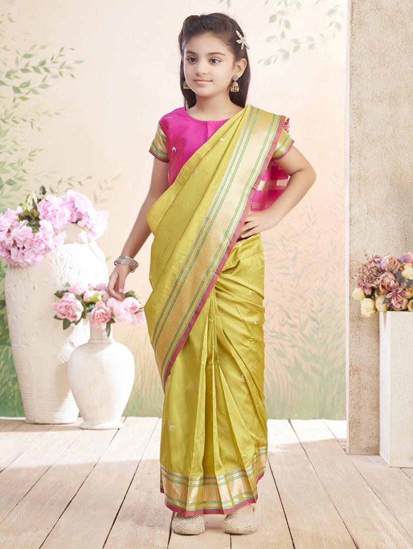 girls solid bordered ready to wear saree - 22026390 - Zoom Image - 0