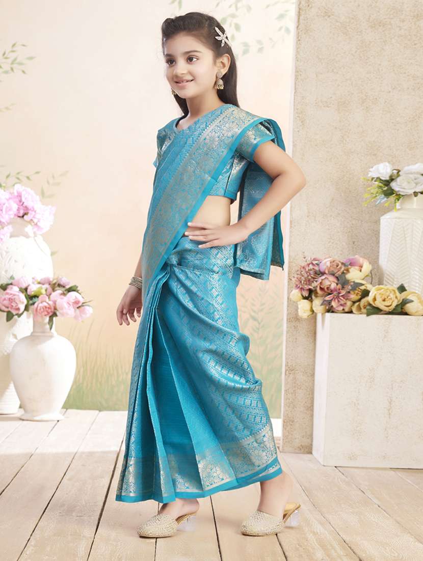 girls solid bordered ready to wear saree - 22026392 -  Zoom Image - 0