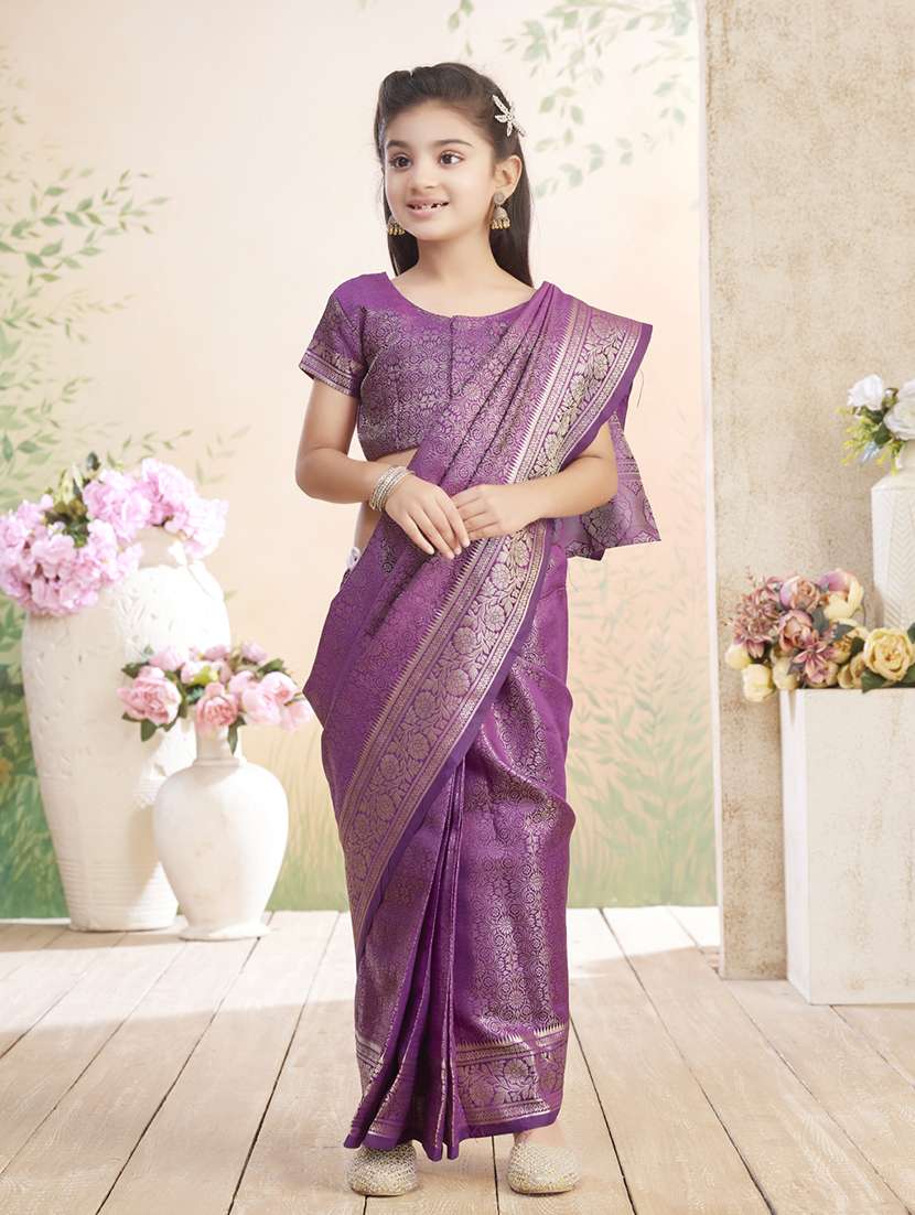 girls solid bordered ready to wear saree - 22026393 -  Zoom Image - 0