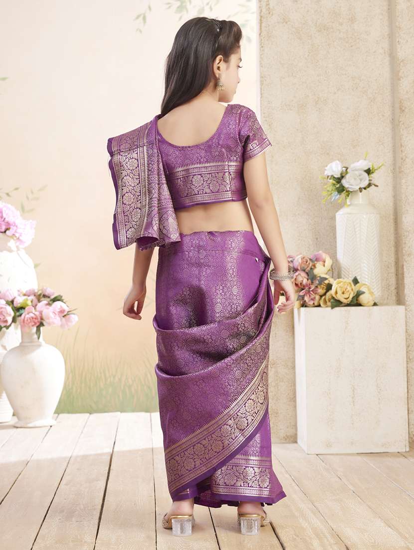 girls solid bordered ready to wear saree - 22026393 -  Standard Image - 3