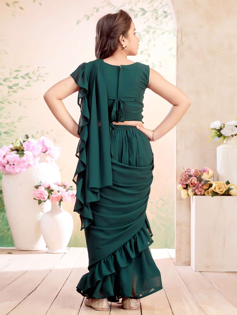 girls solid ruffled ready to wear fusion drape - 22026405 -  Standard Image - 3