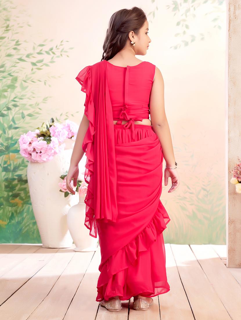girls solid ruffled ready to wear saree - 22026409 - Standard Image - 3