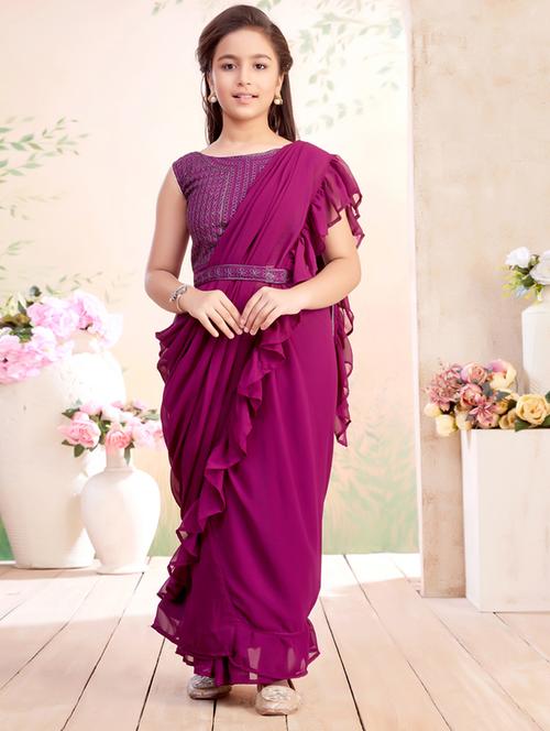 girls solid ruffled ready to wear saree - 22026411 - Standard Image - 0