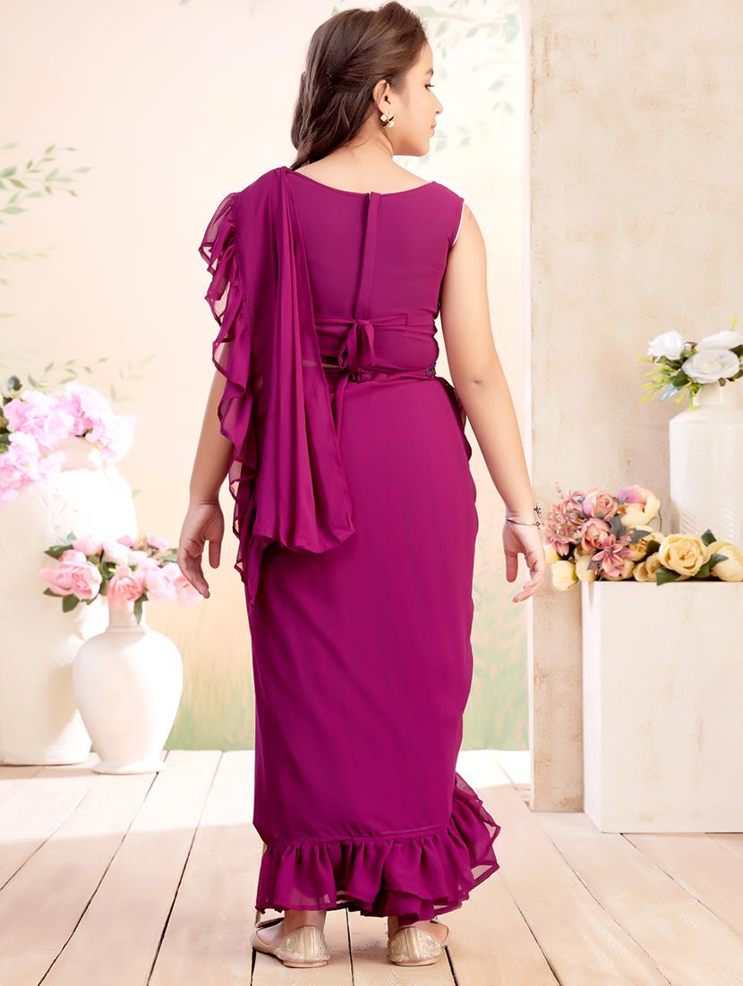 girls solid ruffled ready to wear saree - 22026411 - Standard Image - 3