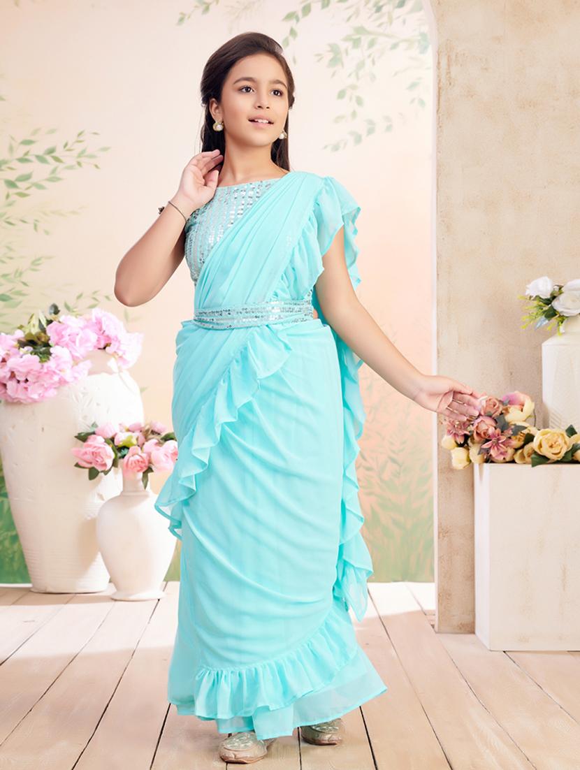 girls solid ruffled ready to wear saree - 22026412 -  Zoom Image - 0