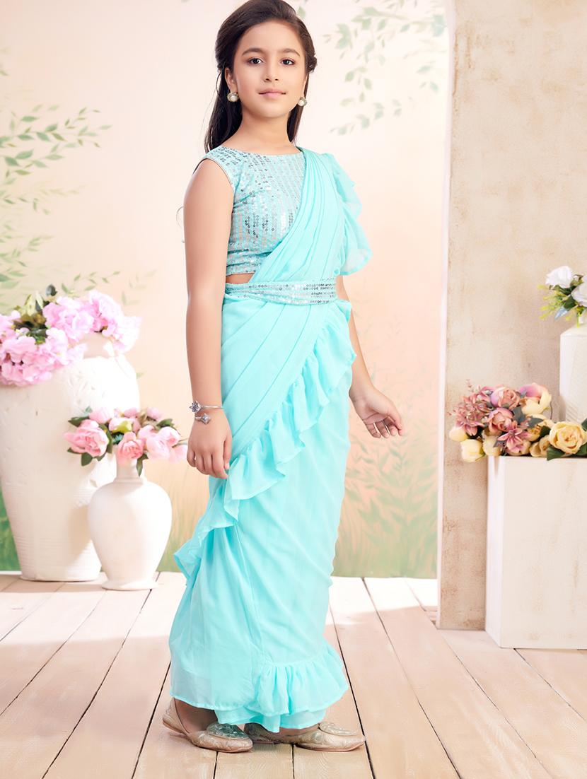 girls solid ruffled ready to wear saree - 22026412 - Standard Image - 3