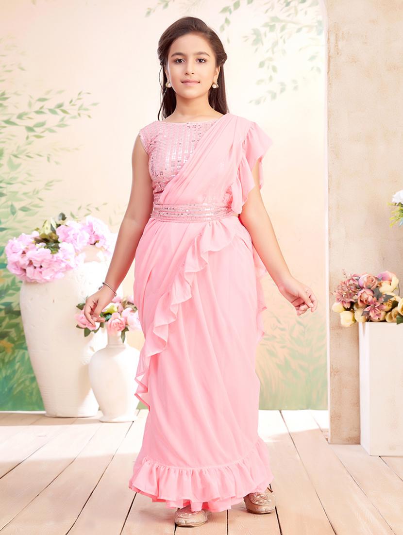 girls solid ruffled ready to wear saree - 22026413 -  Zoom Image - 0