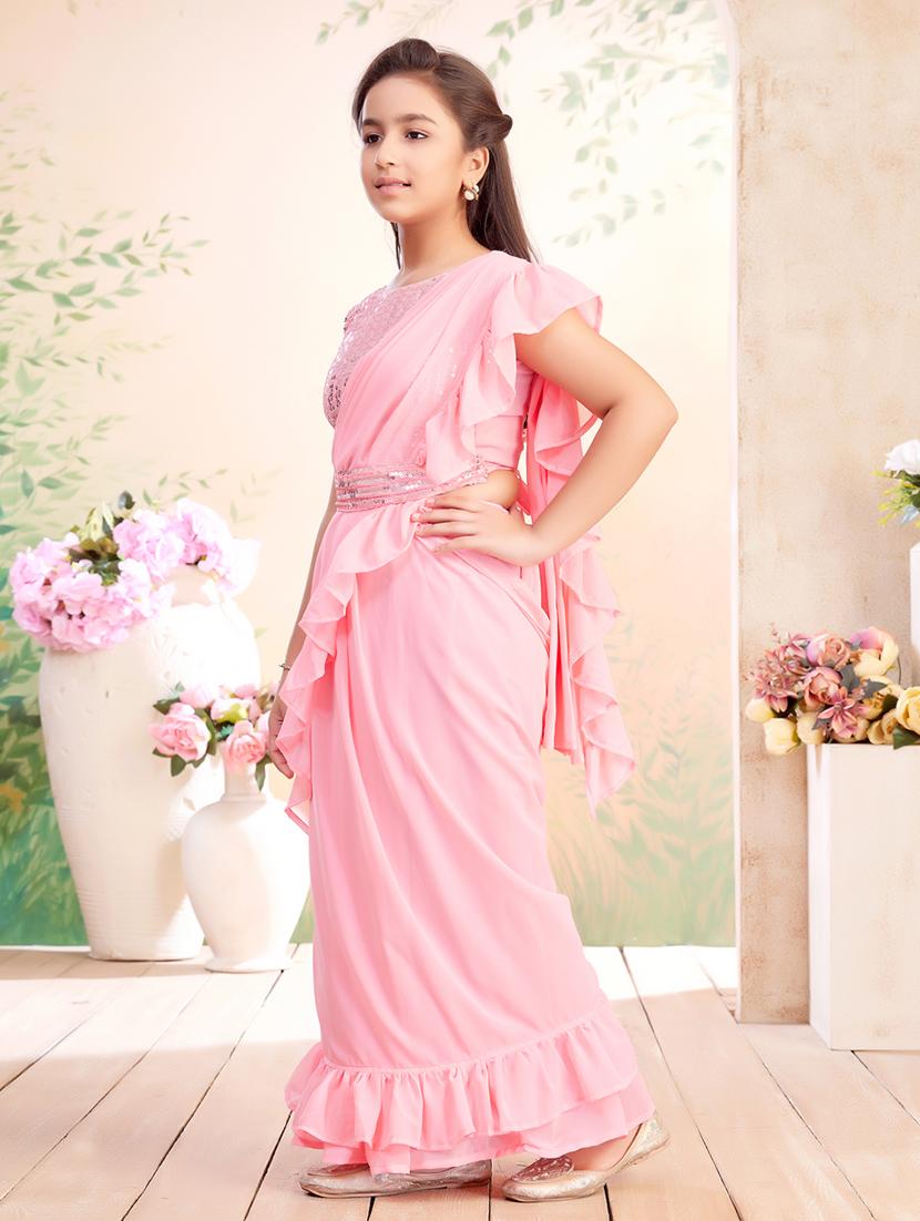 girls solid ruffled ready to wear saree - 22026413 - Standard Image - 3