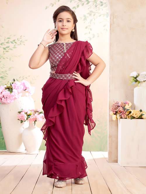girls solid ruffled ready to wear fusion drape - 22026416 - Standard Image - 0