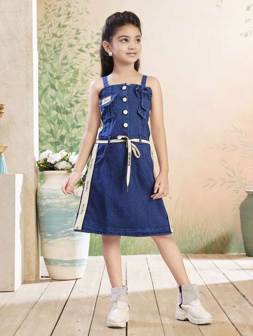 girls solid shoulder strap denim straight dress - 22026425 -  Standard Image - 0