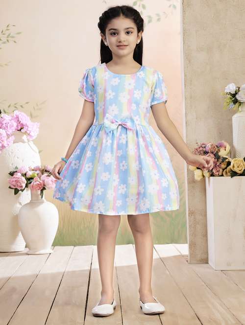 girls printed puff sleeve fit & flare dress - 22026429 -  Standard Image - 0
