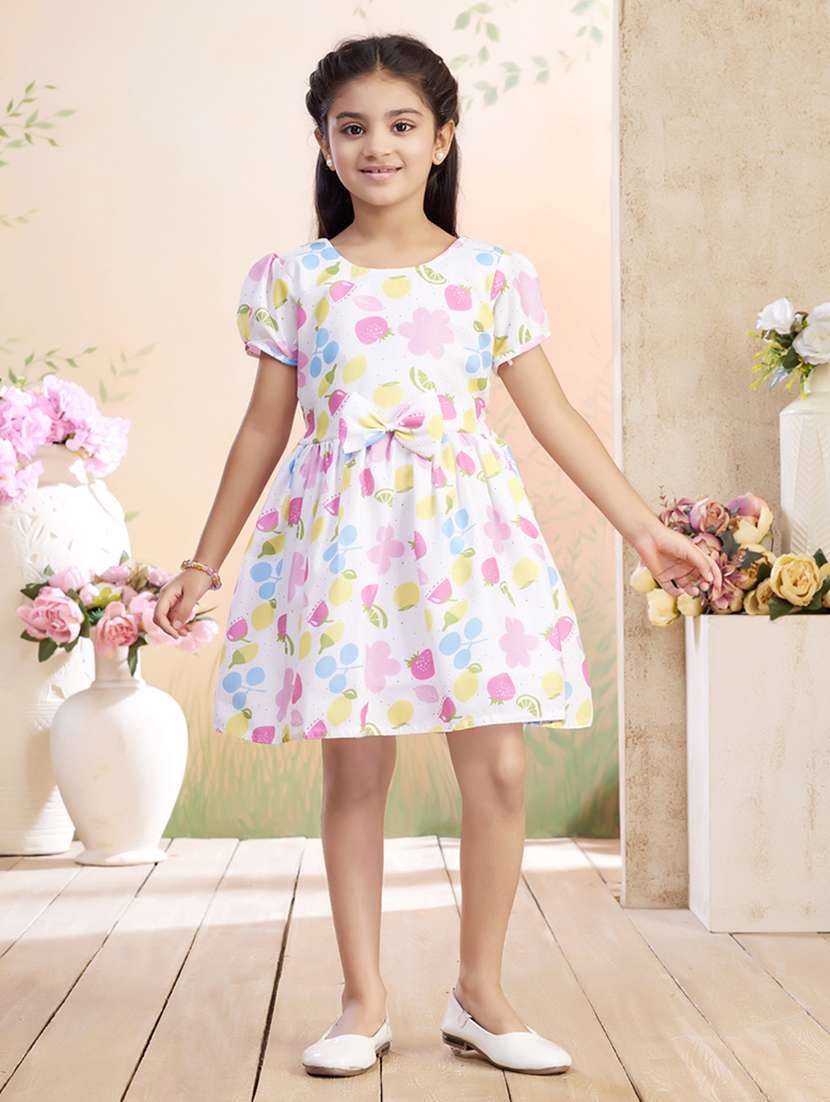 girls printed puff sleeve fit & flare dress